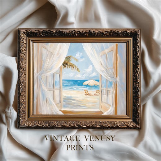 Vintage Coastal Window View Printable - Tranquil Beach Scene, Billowing Curtains, Seaside Cottage Art, Sunlit Shores, 207 - Etsy UK