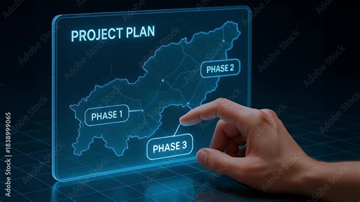 Project plan phase strategy roadmap timeline management planning workflow milestone development for phase 1, phase 2, phase 3 selection across regional map with digital interface timeline roadmap
