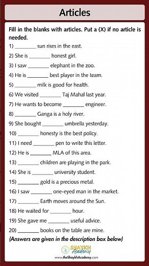 📝 Articles (Fill in the articles) | Worksheet with Answers 🧑🏻‍🏫 | English Grammar for Class 6