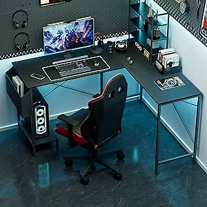 L Shaped Desk - 50" Reversible Home Office Computer Desk, Wood Top, Metal Frame, Side Bag, Sturdy Gaming Desk Corner Table for Work, Writing and Study, Space-Saving