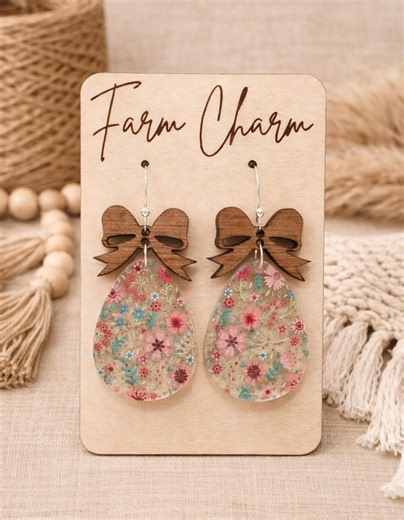 Easter Pressed Flower Acrylic Earrings, Boho Wooden Bow Dangles With Floral Egg Charm, Handmade Spring Jewelry, Spring Earring - Etsy