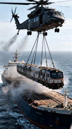 Airlifting a Train to The Open Sea Cargo Ship
