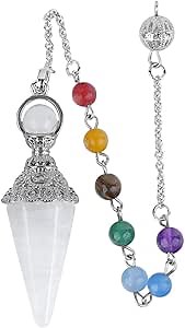 Rockcloud Natural Rock Quartz Crystal Pointed Pendulum with 7 Chakra Stone Beads Chain, 6 Facet Reiki Chakra Pendant for Divination Dowsing
