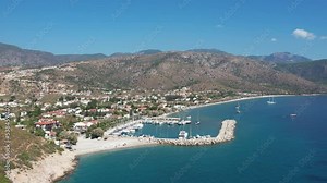 Amazing aerial photo of Datca peninsula, indented coastline between of mediterranean and aegean seas with beautiful turquoise water, altitude about 1 km, Turkey, Palamutbuku
