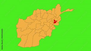 Laghman map animated video. The location is highlighted on the Afghanistan map. Colour map with Green screen background in video format.