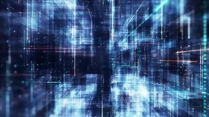 Block chain concept. Isometric digital blocks connection with each other and shapes crypto chain. Big data binary code futuristic information technology, Transferring of big data. 3D Rendering.