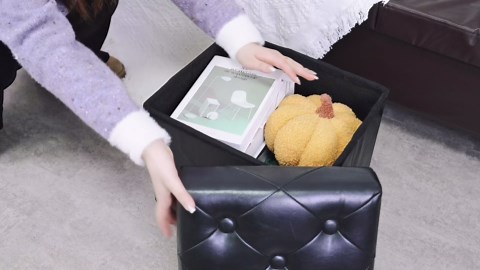 CAROLMADE Folding Storage Ottoman Cube PU Leather Footstool with Wood Legs Ottoman Footrest for Living Room and Bedroom Brown, 15x12.6 x 15.4”