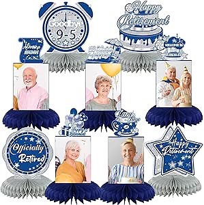 HOMANGA 9PCS Retirement Party Decorations, Blue Silver Retirement Party Centerpieces, Happy Retirement Table Decor for Men Women, Retirement Party Photo Props Supplies