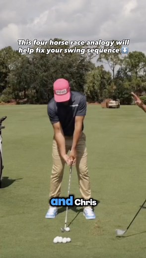 Your golf swing is like a four horse race. The four horses are your lower body, upper body, arms, and the club. They are all trying to reach impact first. The key is to have the lower body win. Your belt buckle should lead the way. Then your chest, your arms, and finally the club. When the sequence flows in that order, you build effortless speed and consistency. Let the body lead and the speed will take care of itself. Next time you are on the range practicing, try feeling like your hips cross t