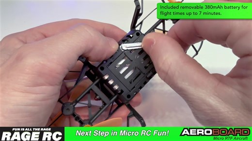 The AeroBoard RTF (Ready-to-Fly) is the next step in micro flying fun from Rage RC! The AeroBoard offers a 6-axis gyro control system that provides amazing stability and the Auto Take-Off and Land and Altitude Hold features make it easy for new pilots to learn to fly. The AeroBoard also offers 3 distinct flying rates to fit the skill level of any pilot. This feature allows new pilots to increase the speed and agility of the aircraft as their skills progress and also provides advanced pilots the 