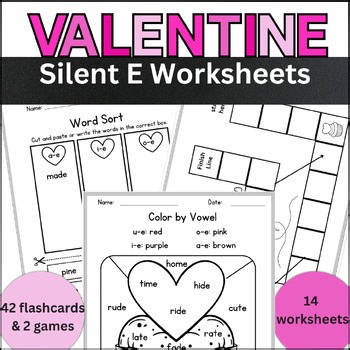 Valentine's Day Literacy & Phonics Silent E Worksheets & Games K, 1st, 2nd Grade