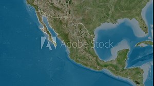 Hidalgo, state of Mexico, with its capital, localized, outlined and zoomed with informative overlays on a satellite map in the Stereographic projection. Animation 3D
