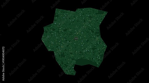 Circuit board map animation of Suriname – Digital PCB Territory Visualization, Technology, Communication