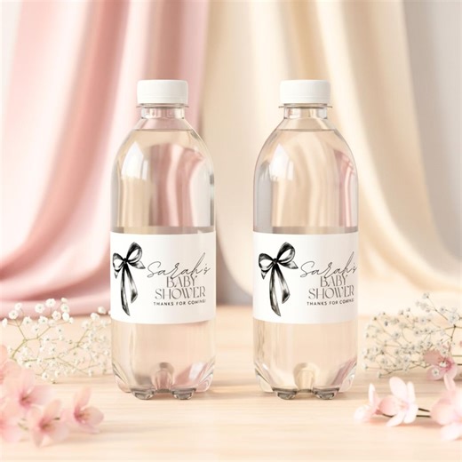 Black Bow Baby Shower Water Bottle Labels | Elegant Printable Bottle Wraps, Editable Minimalist Baby Shower Favors Canva Templates - Etsy