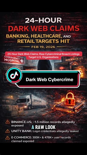 A review of dark web forums over the past 24 hours reveals multiple cybercriminal claims targeting U.S. banking, healthcare, retail, government, and logistics organizations. Listings include alleged credential leaks tied to Unity Bank, a reported 1.5 million-record exposure involving Binance.US, and customer data claims affecting All Day Shirts and Booktopia. Additional posts reference healthcare and transportation data exposures, credit card sales, identity document leaks, and unauthorized netw