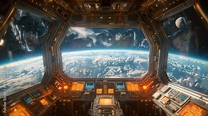 The interior of a spacecraft control center, with large windows showcasing Earth and the moon in the distance. The control panel is visible in the foreground.