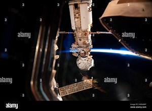 Russian cosmonauts Pyotr Dubrov (bottom) and Anton Shkaplerov (top) work to configure the Prichal docking module and outfit the Nauka multipurpose laboratory module on the International Space Station February 19, 2022 in Earth Orbit. The pair spent seven-hour and 11-minute on the spacewalk Stock Photo - Alamy