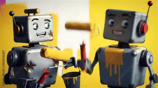 Two cartoon robots, metallic and square-headed, smile and one paints with a roller