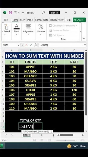 sum formula use text with numbers #excelclasses