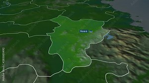 Kildare - county of Ireland with its capital zoomed on the physical map of the globe. Animation 3D