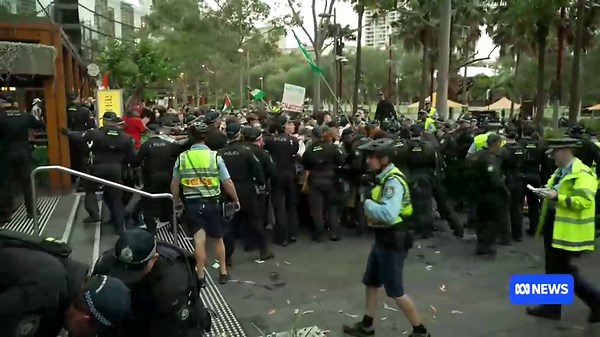Twelve charged after pro-Palestinian protesters clash with police at defence expo in Sydney
