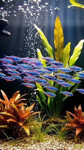 Glowing Neon Tetra Fish Swimming Together