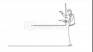 Animated self drawing of continuous line draw business man teacher standing in front of white board, holding book and writing business plan strategy and tactics theory. Full length one line animation