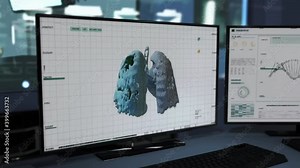Video „The 3D x-ray images of a sick person’s lungs are being developed by the CT scan software. The Covid-19 pneumonia caused major damage to the patient’s organs. Severe lesions. Medical testing.“ ze služby Stock