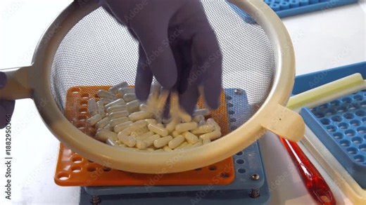 Pharmacist pouring gelatin capsules into a manual capsule-making machine for filling