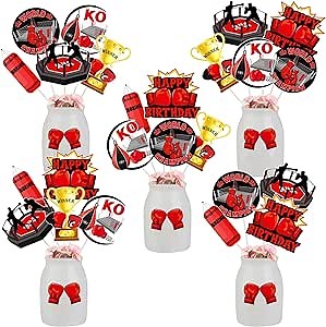 24 Pieces Boxing Birthday Centerpiece Sticks Red Black - Boxing Match Birthday Party Decorations, Boxer Gloves Boxing Platform Table Centerpieces Double-sided for Wrestle Fitness Sports