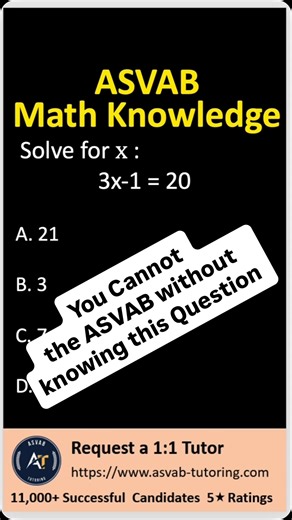 ASVAB Tutoring on Instagram: "🚀 ASVAB Math Knowledge 2026 | Must-Know Questions! 🔥 Think you’re ready for the ASVAB? 🤔 These Math Knowledge questions show up EVERY year—and most test-takers miss them! 💥 Pause ▶️ Try it yourself ✍️ then check the answer 👀 💪 Practice smart. Score higher. 🇺🇸 Your military career starts with one test—DON’T FAIL IT. 👇 Comment “PASS” if you got it right! #ASVAB #ASVABMath #MathKnowledge #ASVAB2026 #MilitaryPrep"
