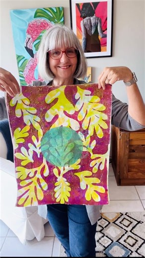 Gelli Arts® Gel Printing on Instagram: "This color combo has us hooked! 💜💛💚 Vibrant purples, zesty greens, and bold yellows come together on the 18 x 24” poster-Gelli Arts® plate with Matisse-inspired stencils. @painterofthought loves how the layers build and surprise her with every pull. Big plate, big fun!!!🌿🎨 🔻 Comment “POSTER” to get the link to our 18” x 24” plate sent straight to your inbox! #GelliPlatePrinting #MatisseInspired #SummerArt #GelliArts #GelPrinting #MonoPrinting #Art #P