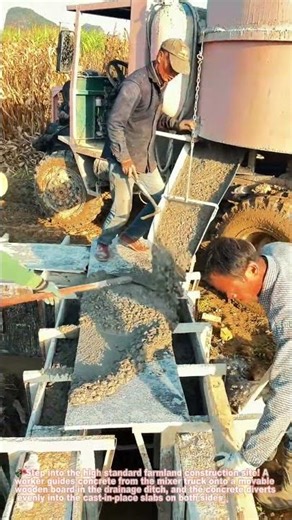 High Standard Farmland Construction: Workers Pouring Concrete For Drainage Ditch