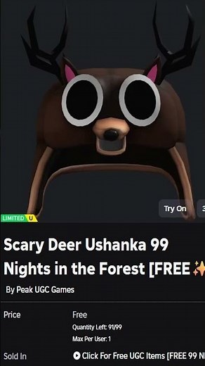 Consigue un Scary Deer Ushanka 99 Nights in the Forest FREE✨ Limite en Roblox