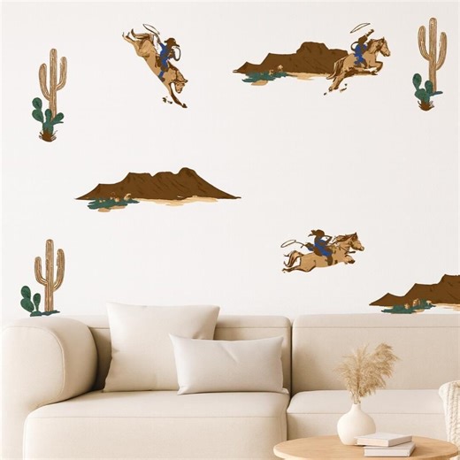 Cowboy Wall Decals, Western Nursery Wall Decor, Rodeo Cowboy Wall Stickers, Desert Cactus Nursery Decor, Removable Wall Vinyl - Etsy