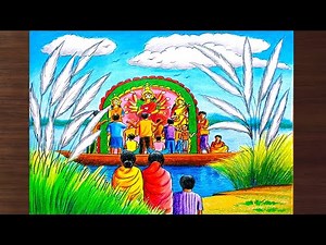 Durga Puja scenery drawing step by step/Saratkal scenery drawing/Bengali festival drawing