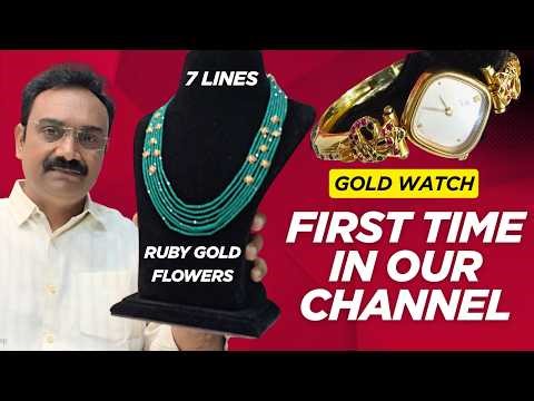 Designer Gold Watch Kada Collection & 7 Line Emerald Onyx Beads Step Chain with Ruby Gold Flowers