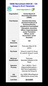 *✅ CBSE Recruitment 2025 [124 Vacancies]* 👔 Post Name: Group A, B & C Posts 🎓 Qualification: Bachelor’s Degree /Master’s Degree /12th Pass 📅 Last Date: 22 December 2025 🔗 Apply Details: https://www.indgovtjobs.in/2017/10/CBSE-Recruitment.html #CBSE #govtjobs #indgovtjobs #jobalert #sarkarinaukri #governmentjobs #applyonline #recruitment #vacancy | Ind Govt Jobs
