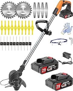 Electric Weed Wacker Cordless, 21V Battery Powered Weed Cordless Eater with 2 * 2.0Ah Batteries and Charger, 3 in 1 Stringless Grass Trimmer/Brush Cutter/Edger, 4 Types 26Pcs Blade for Garden Yard