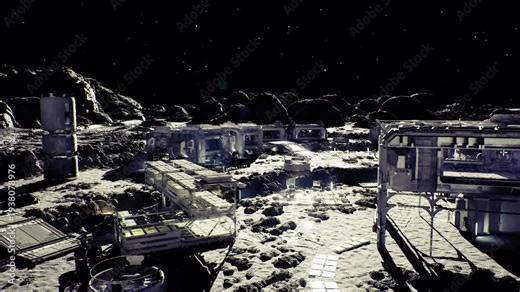 lunar mining hub near crater rim, heavy rigs and conveyors moving regolith, dust plumes, industrial lighting, autonomous drills, focus on resource extraction