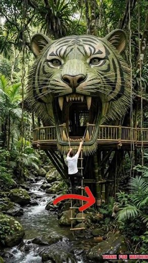 Tiger Face Bamboo Treehouse Tour 🐅🌿 | Secret Jungle Bamboo House Inside Tour #shorts
