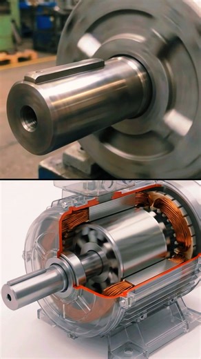 Electricity goes in… rotation comes out. TOP: A real electric motor shaft rotating steadily, showing smooth continuous motion, realistic inertia, and true industrial behavior under a stable engineering camera. BOTTOM: The same motor recreated as a 3D CAD cutaway, clearly revealing the rotor, stator, air gap, and magnetic interaction, rotating in perfect synchronization with the real shaft above. #ElectricMotor #MotorEngineering #Electromechanics #MechanicalEngineering #ElectricalEngineering #Ind