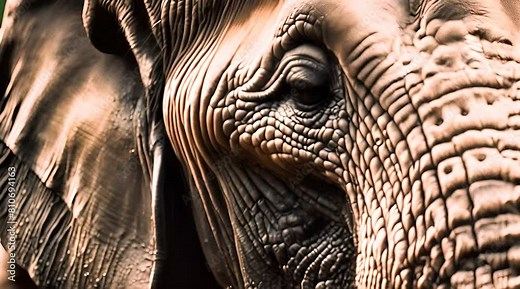 Extreme close-up of an elephant's eye and textured skin, showcasing the intricate details and deep wrinkles, symbolizing the wisdom and longevity of this majestic creature