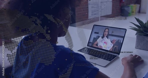 Child tapping laptop trackpad and joining remote class in home education, without graphic overlays