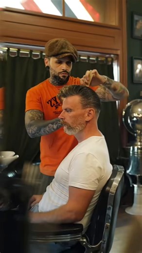 Taper fade Teddy Boy pompadour. A true statement haircut rooted in 1950s British working-class style. This classic pompadour is built with weight, structure and attitude - paired with a clean taper fade for a sharp yet timeless finish. Inspired by the original Teddy Boy era, rock'n'roll culture and traditional barbering craftsmanship. No trends. No shortcuts. Just precise scissor work, clean transitions and a hairstyle that ages with character. ust a little bit of This is men's grooming for thos