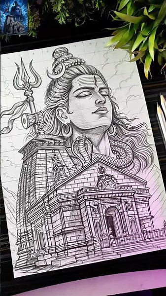 Lord Shiva Drawing With Kedarnath Temple❤️ 🔱, Bholenath Drawing #shorts #shiva #mahadev #art