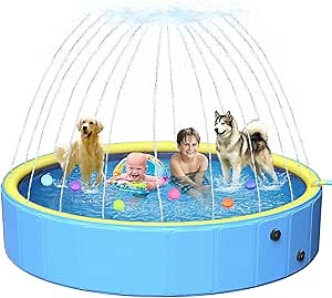 63in Sturdy Dog Pool with Sprinkler, 2-in-1 Non-Slip Kiddie/Kids Pool Hard Plastic, Foldable Dog Sprinkler Pools for Large Dogs, Portable Pet Swimming Pool for Summer Outdoor Backyard