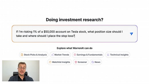 Day trading with live professional-grade insights powered by AI? We’ve got it: https://www.investing.com/warrenai Check out how Investing.com's own Gen AI day trading assistant is helping traders spot winning setups in seconds, providing real-time insights across stocks, crypto, forex, and more. It's like trading with a cheat sheet that let's you cut through the noise and execute with confidence. Sample prompts shown in the video: • “Find stocks with unusual volume today” • “Analyze Bitcoin’s in