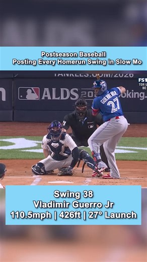 Vladimir Guerrero Jr. Postseason HR | 110.5 MPH, 426 FT, 27° | Blue Jays vs Yankees ALDS Vladimir Guerrero Jr. unloaded on this pitch — a 426-foot home run with a 110.5 MPH exit velocity and 27° launch angle against the New York Yankees in the ALDS. The Blue Jays star showcased why he’s one of the purest power hitters in baseball, turning on a mistake and sending it deep with that signature effortless strength. Vlad Jr.’s combination of balance, torque, and elite bat control make him one of the 
