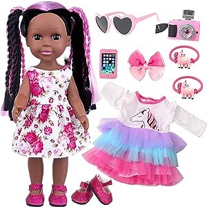 ZNTWEI 14.5 Inch Black Baby Doll and Clothes Accessories Set Handmade Braid Hair African American Baby Doll Gifts for Kids Aged 2 3 4 5 6 7 Years Girls